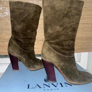 Lanvin Khaki Suede Boots with Maroon Heel